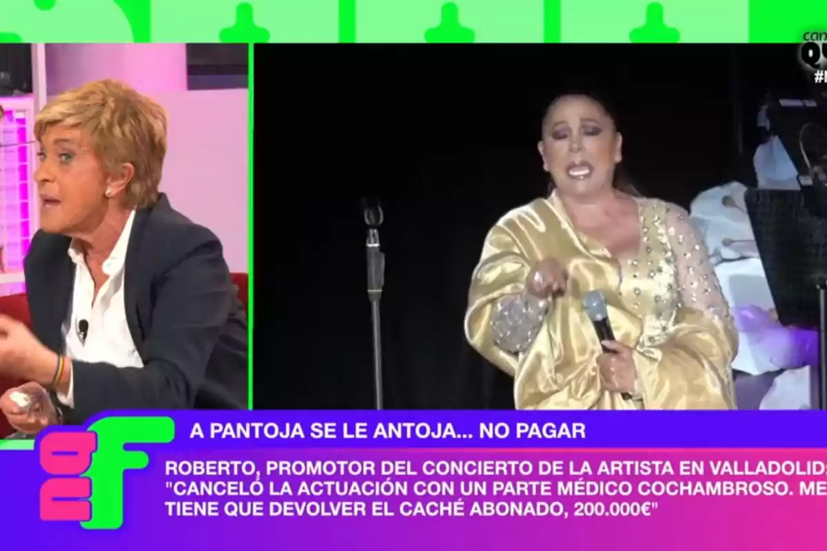 En la imagen se observa a Chelo García-Cortés y a Isabel Pantoja en un programa de televisión, Chelo está hablando e Isabel parece estar cantando en un escenario; en la parte inferior hay un texto que menciona un conflicto relacionado con un concierto cancelado y un reembolso de dinero.