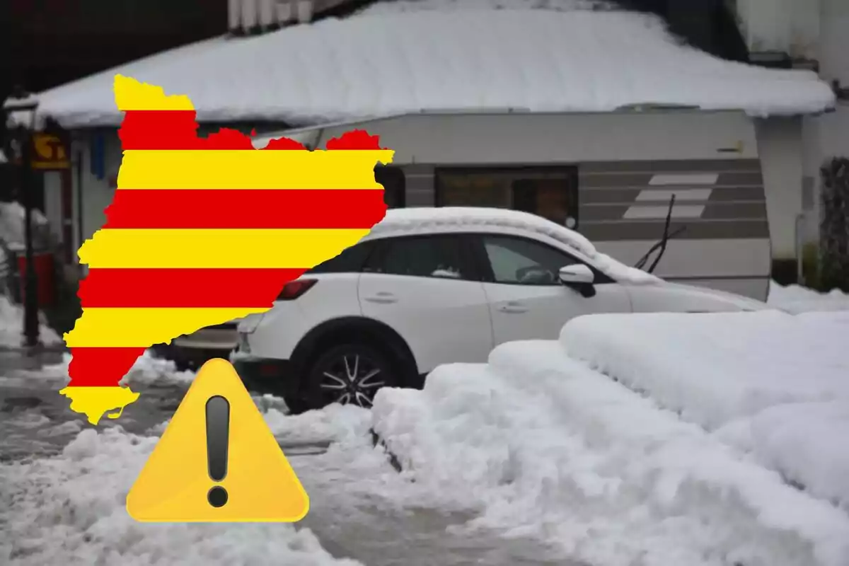 Un cotxe cobert de neu amb un mapa de Catalunya i una icona d'advertència superposats.