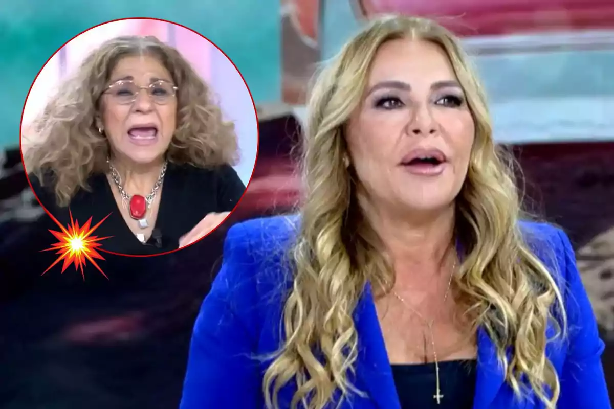 Lolita Flores y Cristina Tárrega en un programa de televisión, Cristina con expresión sorprendida y Lolita hablando, ambas con cabello rizado y rubio.