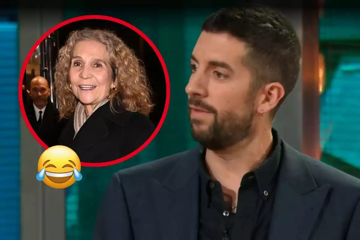 David Broncano con barba y traje oscuro mira hacia un círculo rojo que contiene la imagen de la infanta Elena mayor sonriendo, con cabello rizado y rubio, mientras un emoji de risa con lágrimas está superpuesto en la parte inferior izquierda.