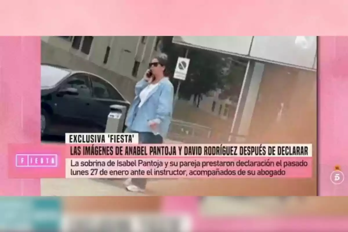 Anabel Pantoja walking while talking on the phone, with a black car parked in the background and text at the bottom mentioning an exclusive from the 