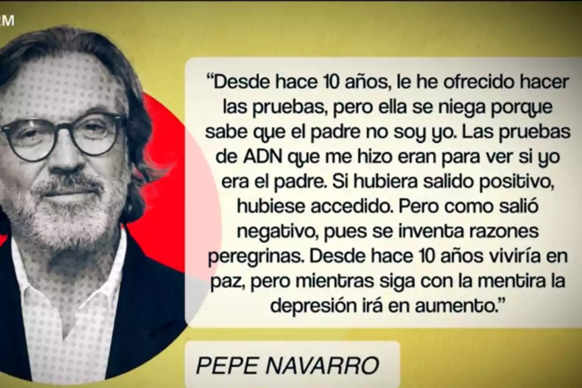 Un home amb ulleres i barba apareix al costat d'un requadre de text que conté una declaració sobre proves de paternitat i les conseqüències emocionals d'una situació no resolta. Un home amb ulleres i barba apareix al costat d'un requadre de text que conté una declaració sobre proves de paternitat i les conseqüències emocionals d'una situació no resolta.