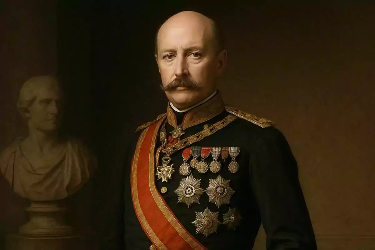 Francisco Serrano i Domínguez amb uniforme militar adornat amb medalles i una banda vermella, dret al costat d'un bust de marbre. Francisco Serrano i Domínguez amb uniforme militar adornat amb medalles i una banda vermella, dret al costat d'un bust de marbre.