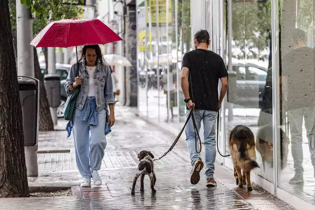 Imatge de dues persones caminant sota la pluja
