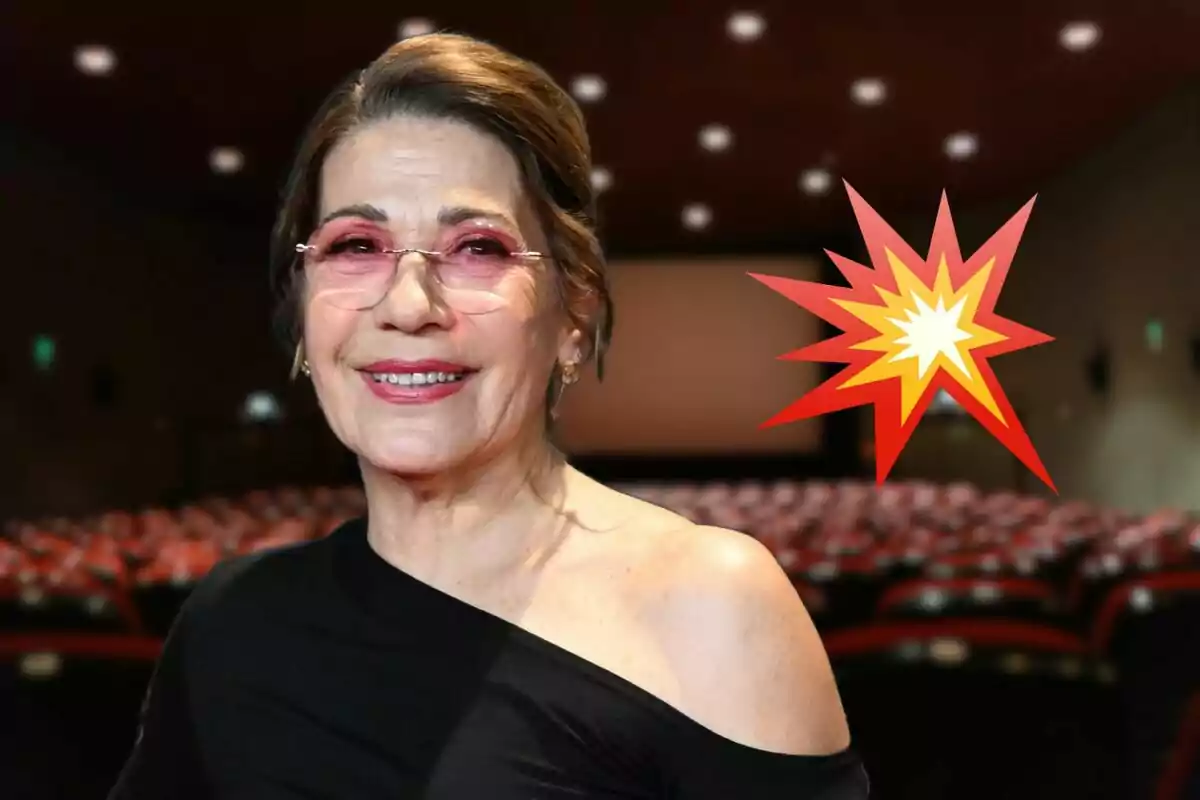 An older person wearing rose-colored glasses smiles in a movie theater with an explosion graphic next to it.