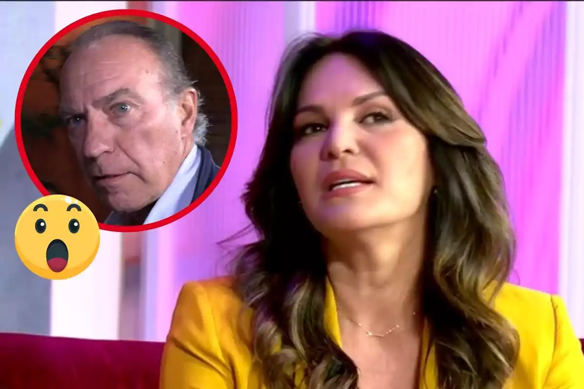 A woman in a yellow jacket appears on a television show, while in a red circle the image of an older man with a serious expression and a surprised emoji is shown.