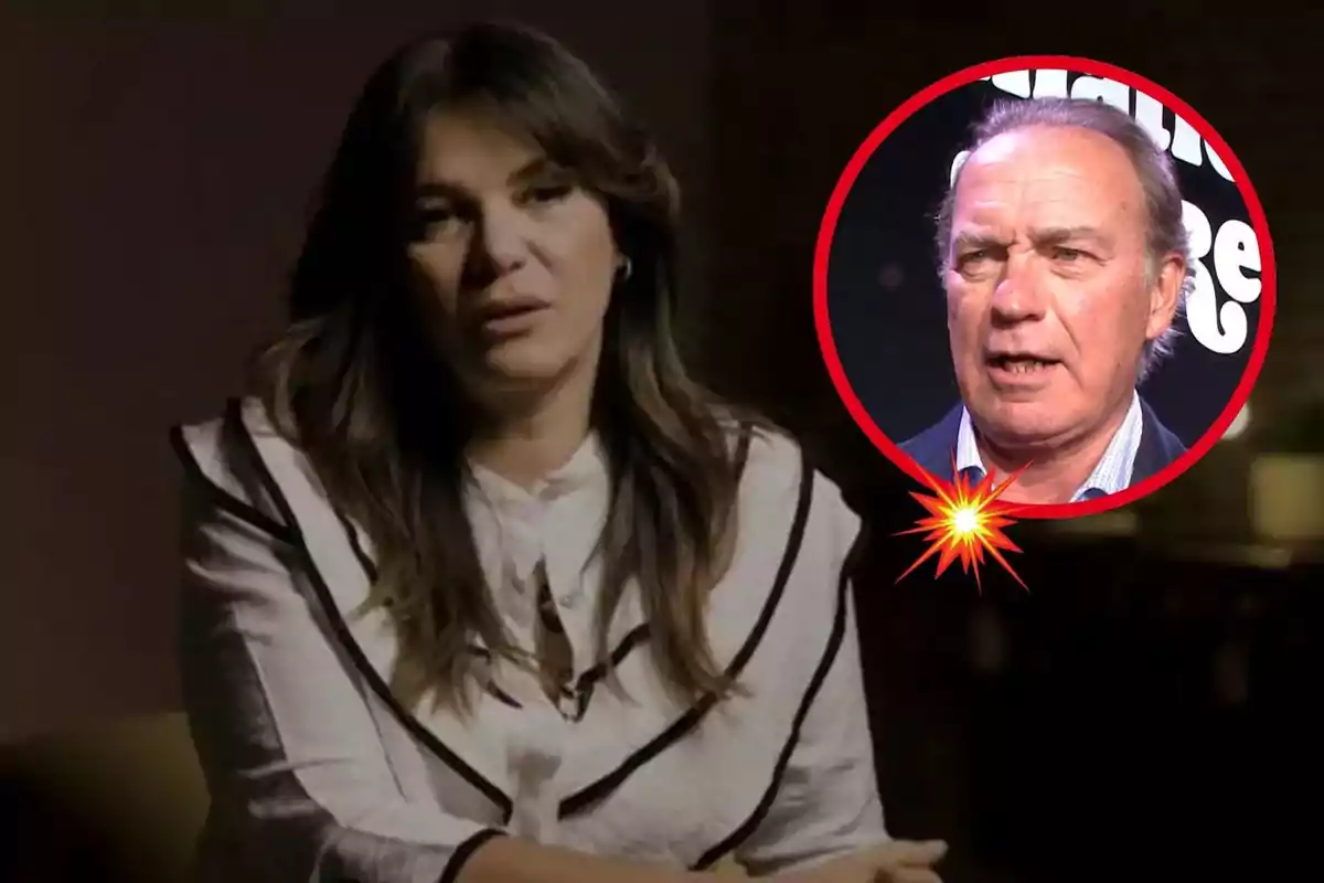 Fabiola Martínez con cabello oscuro y blusa blanca aparece en un entorno oscuro, mientras que Bertín Osborne está en un círculo rojo en la esquina superior derecha de la imagen.