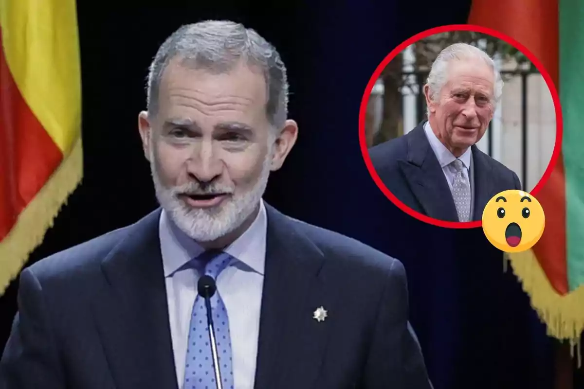 Felipe VI con barba y traje habla frente a un micrófono, mientras en un círculo rojo aparece Carlos III con traje, acompañado de un emoji sorprendido.