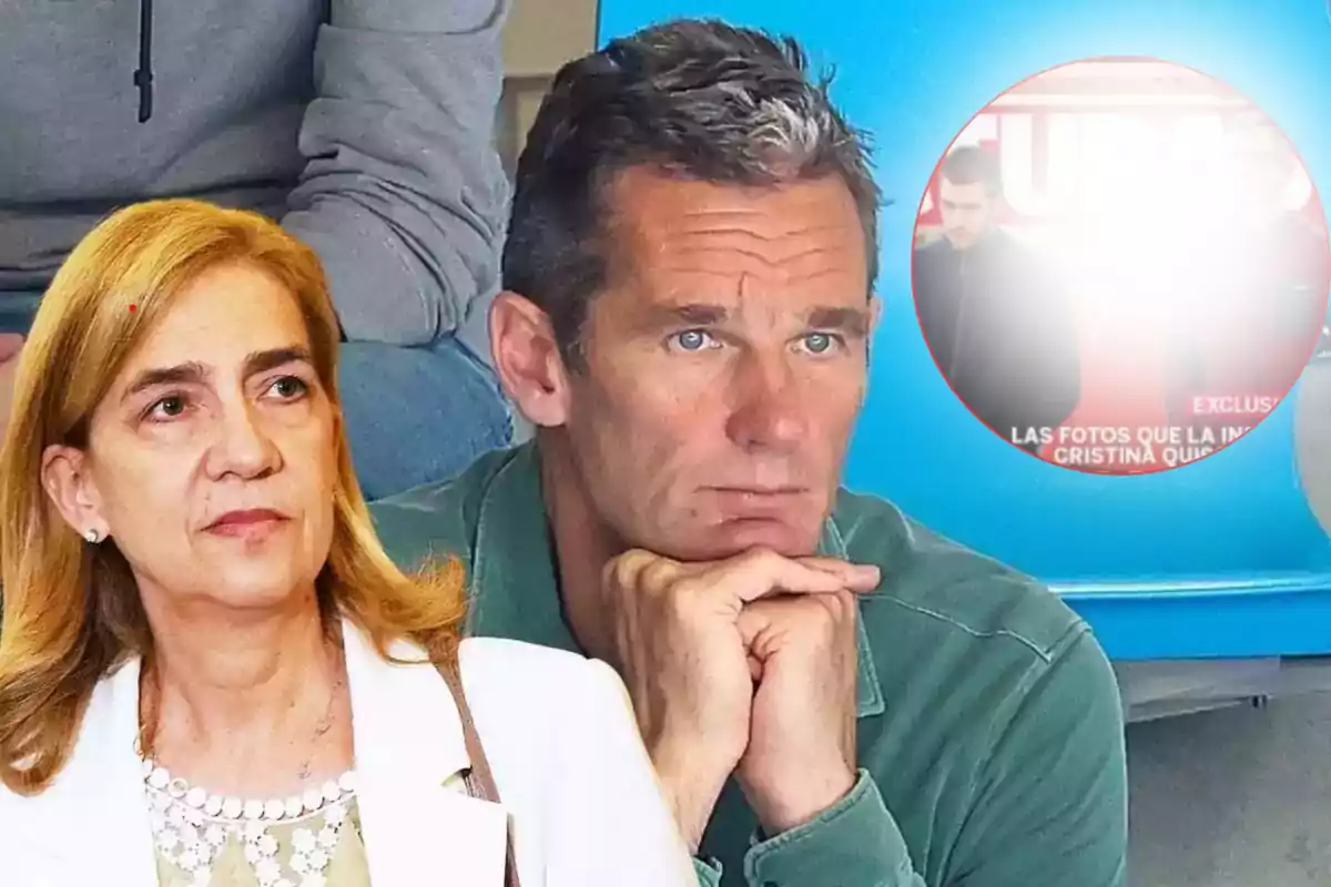 La infanta Cristina e Iñaki Urdangarin sentados con expresiones serias, doña Cristina con cabello rubio e Iñaki con cabello oscuro, con un fondo azul y un recuadro borroso en la esquina superior derecha.