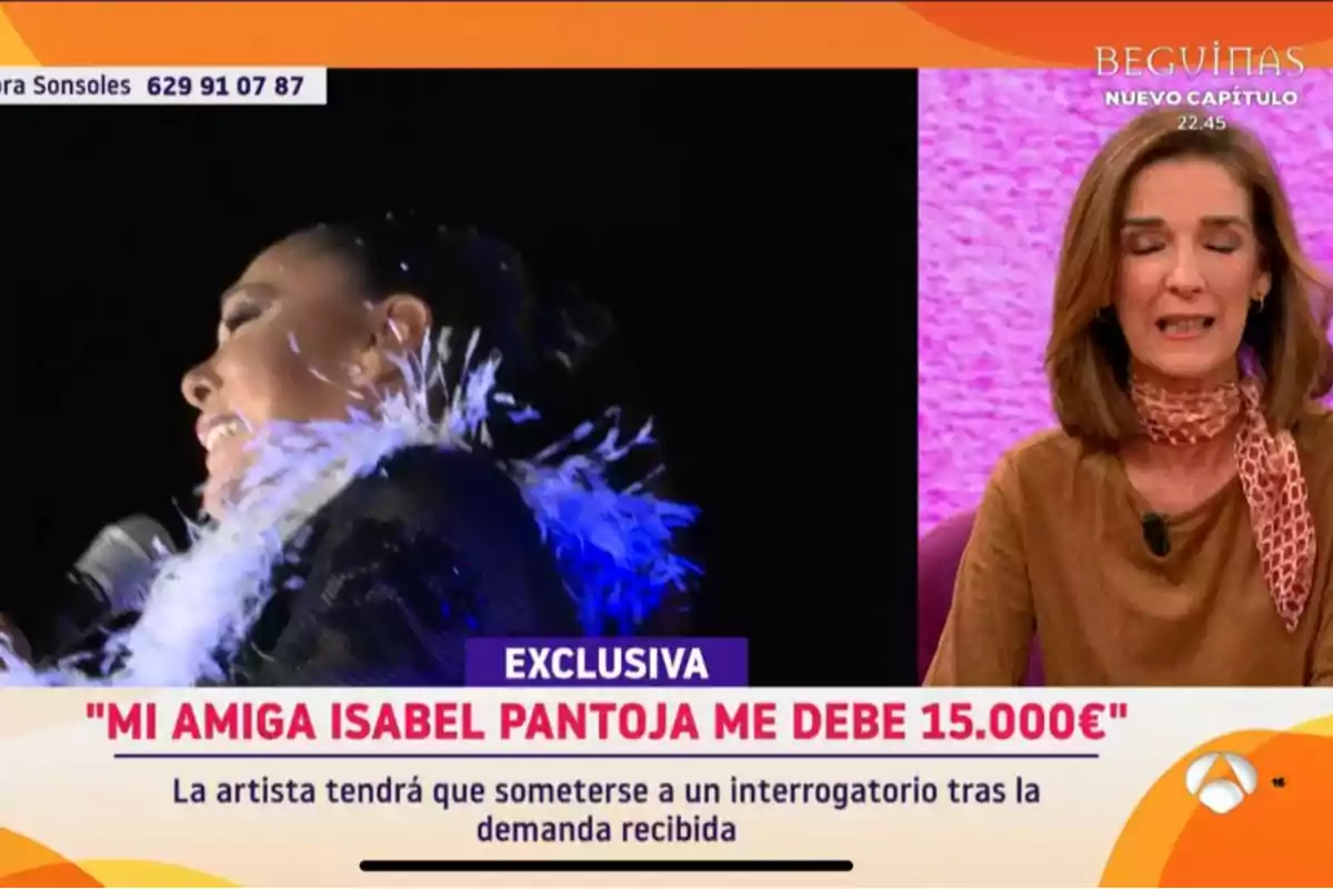 Una presentadora de televisió parla sobre una notícia exclusiva que involucra un deute de 15,000 euros d?una artista, mentre es mostra una imatge de la cantant al?escenari.