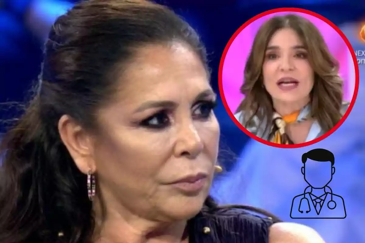 Isabel Pantoja con expresión seria en un programa de televisión, con un recuadro que muestra a Raquel Bollo hablando y un ícono de médico en la esquina.