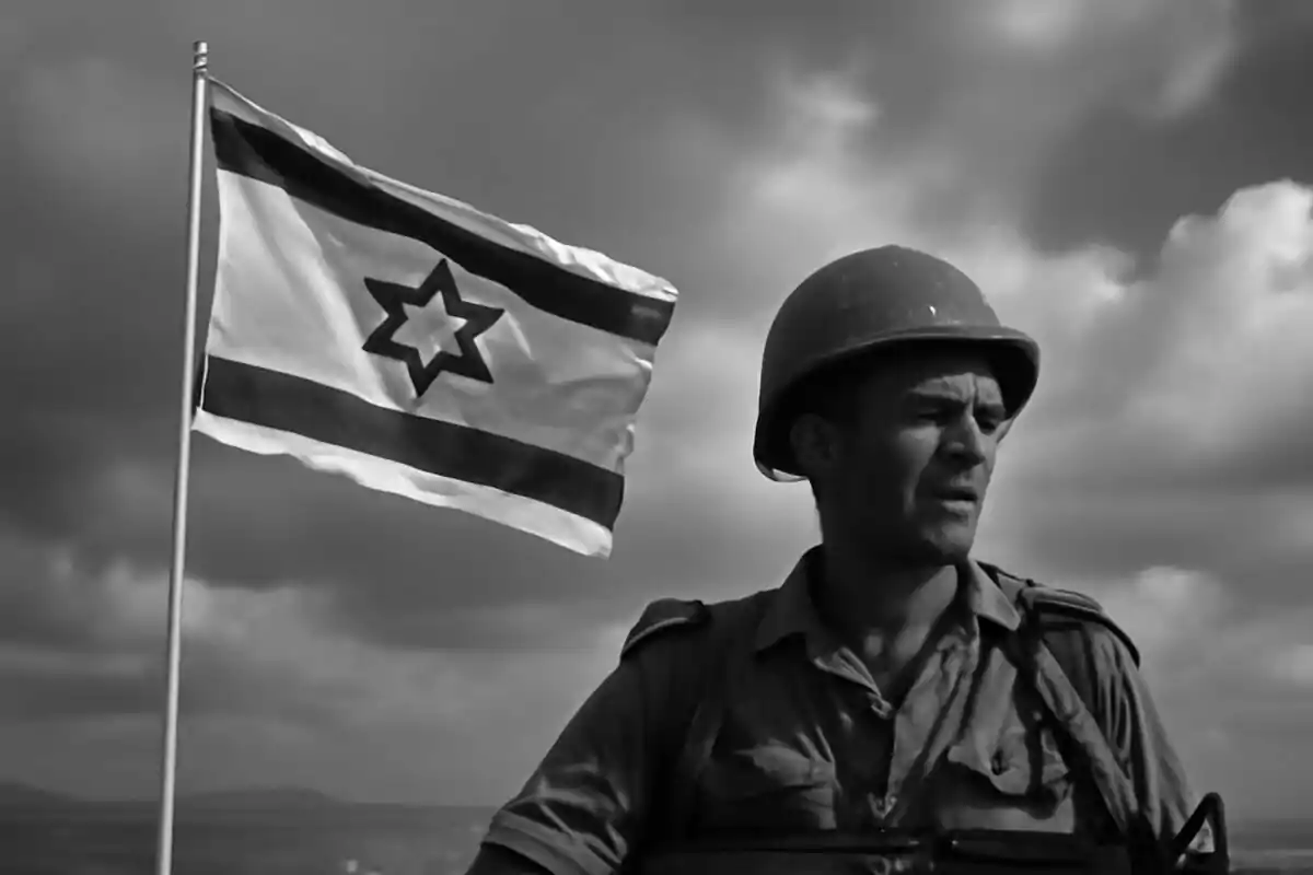 Soldat amb casc davant d’una bandera d’Israel onejant sota un cel ennuvolat. Soldat amb casc davant d’una bandera d’Israel onejant sota un cel ennuvolat.