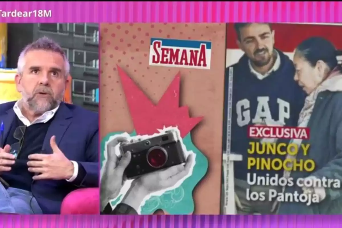 Un home amb barba i cabell canós està assegut en un silló rosa, gesticulant mentre sosté un bolígraf, al seu costat hi ha una imatge d'una revista amb el títol Un home amb barba i cabell canós està assegut en un silló rosa, gesticulant mentre sosté un bolígraf, al seu costat hi ha una imatge d'una revista amb el títol