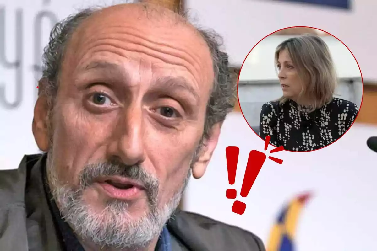 Un home amb expressió seriosa i una imatge inserida d?una dona en un cercle vermell amb signes d?exclamació.