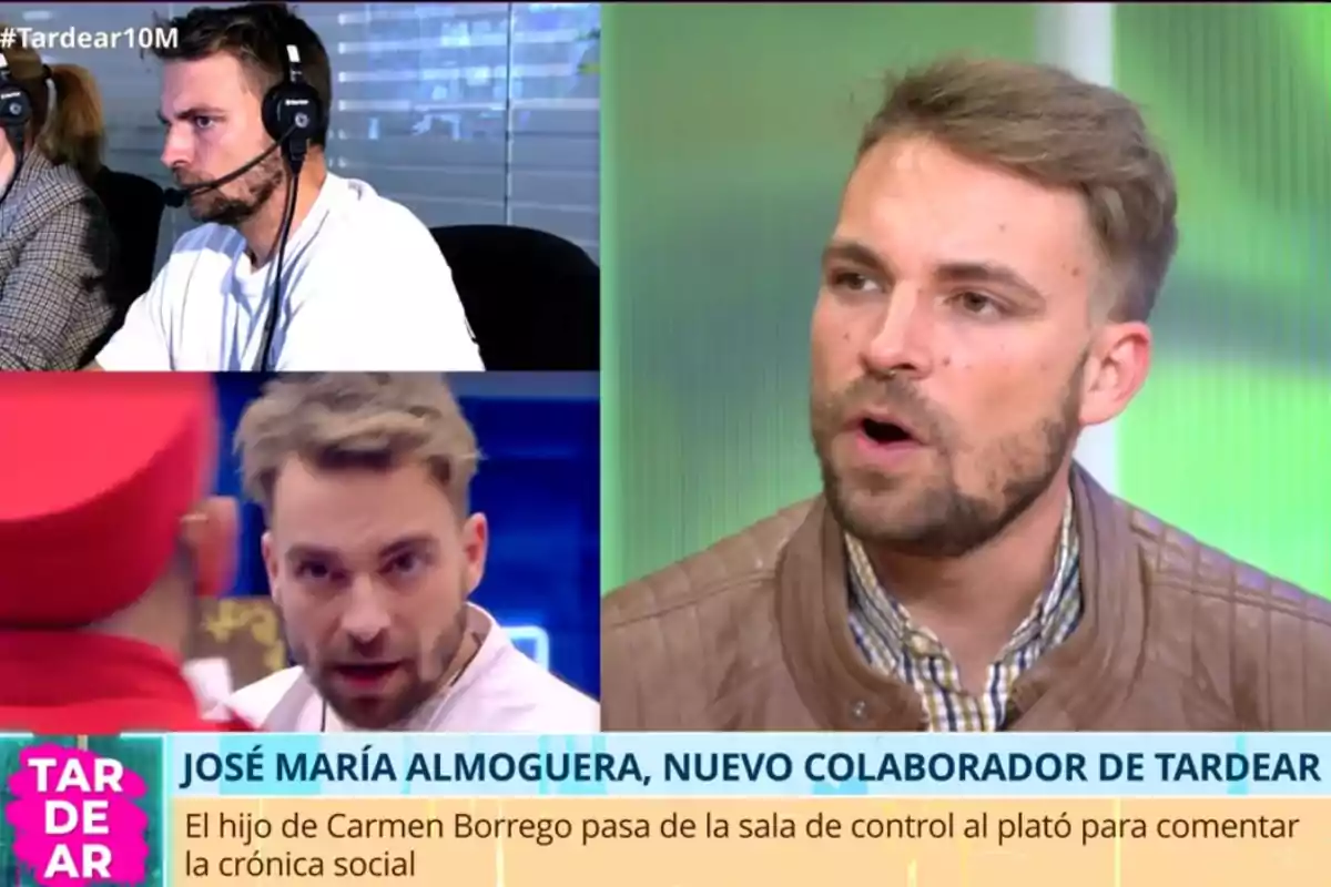 Un collage d'imatges mostra diverses persones en un entorn d'estudi de televisió amb auriculars i micròfons, juntament amb un text que presenta un nou col·laborador del programa Un collage d'imatges mostra diverses persones en un entorn d'estudi de televisió amb auriculars i micròfons, juntament amb un text que presenta un nou col·laborador del programa