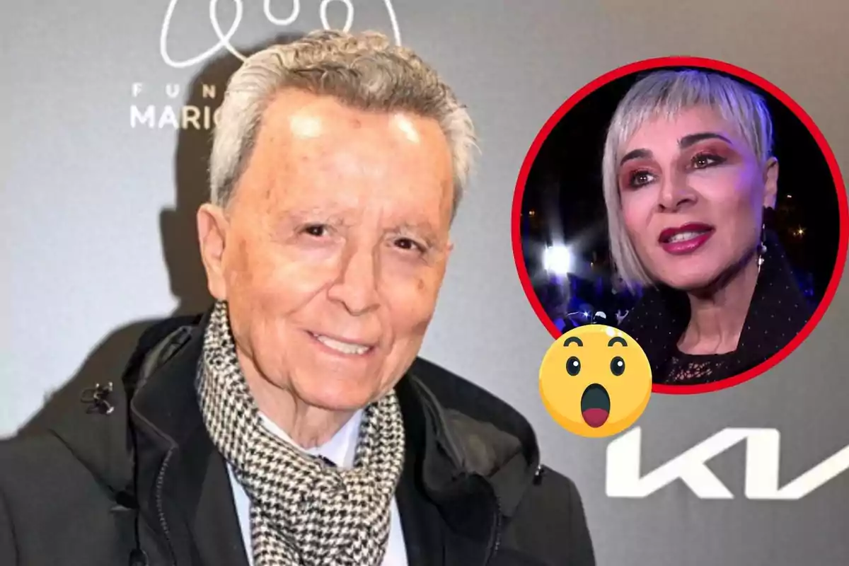 José Ortega Cano mayor sonríe frente a una pared con logotipos, mientras en un círculo rojo aparece Ana María Aldón con cabello corto y maquillaje llamativo, acompañada de un emoji sorprendido.