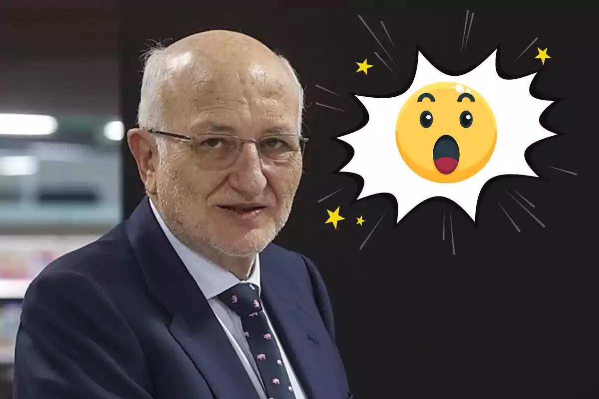 Juan Roig con gafas y traje oscuro junto a un emoji sorprendido sobre un fondo oscuro.