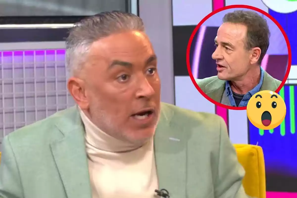 Kiko Hernández con chaqueta verde claro y suéter blanco habla en un programa de televisión mientras se muestra un recuadro con Alessandro Lequio y un emoji sorprendido.