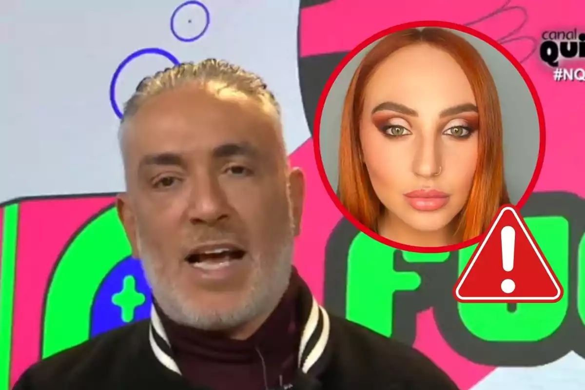 A man with a gray beard and hair appears in the foreground, while in the upper right corner there is a red circle with the image of a woman with red hair and striking makeup; the background is colorful with geometric shapes and a warning symbol.