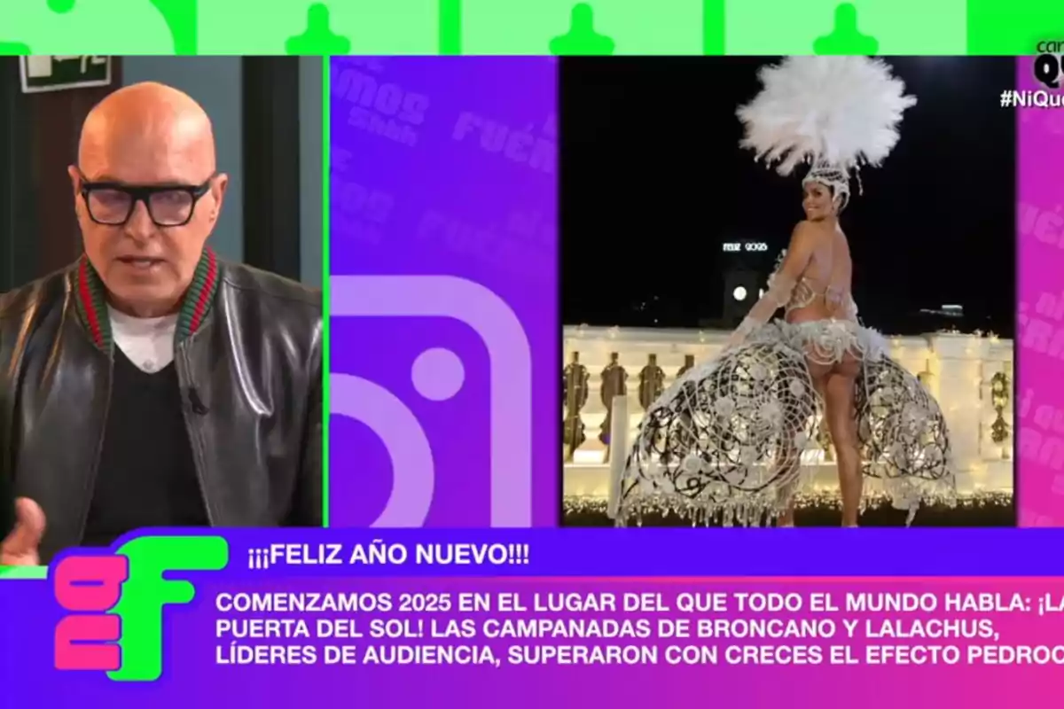 Kiko Matamoros con gafas y chaqueta de cuero habla en un programa, mientras en la pantalla se muestra a Cristina Pedroche con un elaborado disfraz de plumas y encaje en un entorno nocturno festivo.