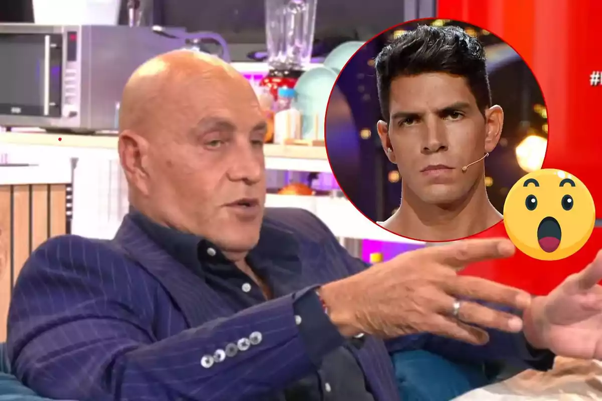 Kiko Matamoros calvo con traje oscuro está hablando en un set de televisión mientras en la esquina superior derecha aparece un círculo con la imagen de Diego Matamoros joven con expresión seria y un emoji sorprendido.