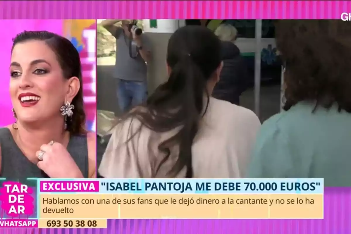 Leticia Requejo sonriente en un programa de televisión con un texto en pantalla que menciona una deuda de 70,000 euros.