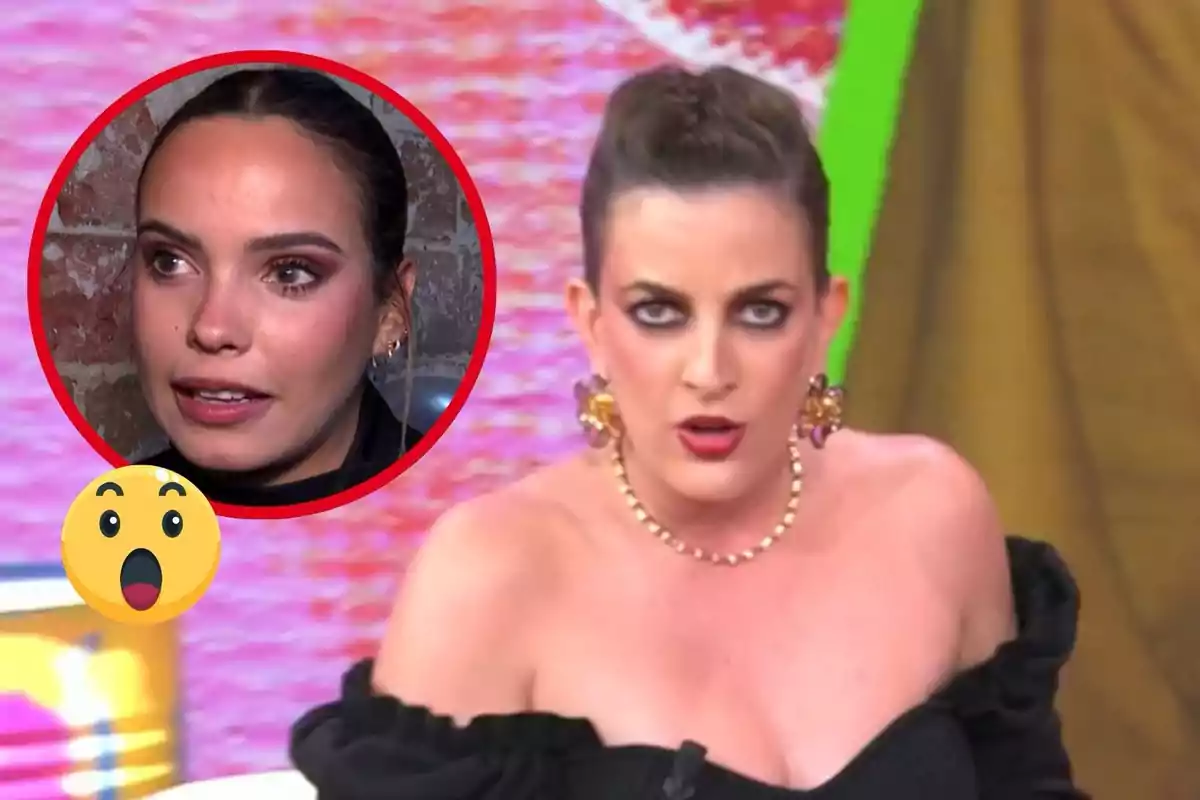 Leticia Requejo con maquillaje oscuro y expresión seria aparece en un programa de televisión, mientras que en un recuadro a la izquierda se muestra el rostro de Gloria Camila con expresión neutral y un emoji sorprendido.