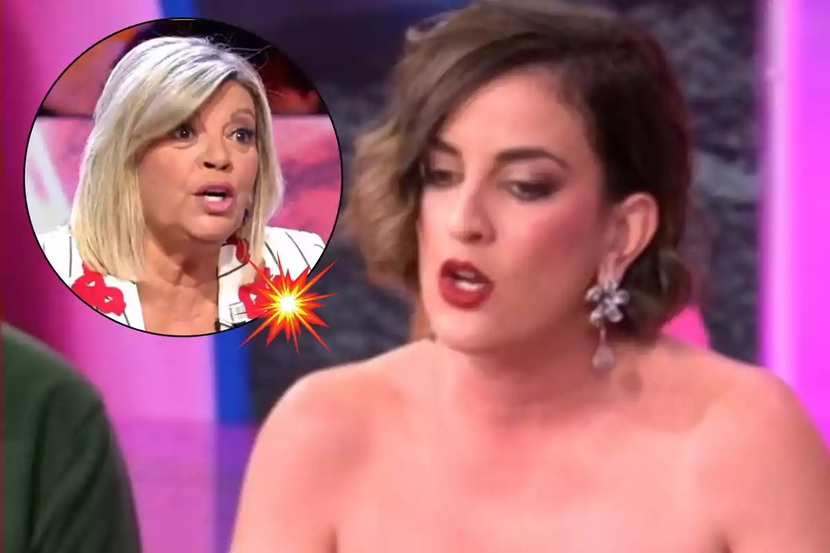 Una dona amb arracades grans està parlant en un programa de televisió, mentre que en un requadre apareix una altra dona rossa amb expressió sorpresa.