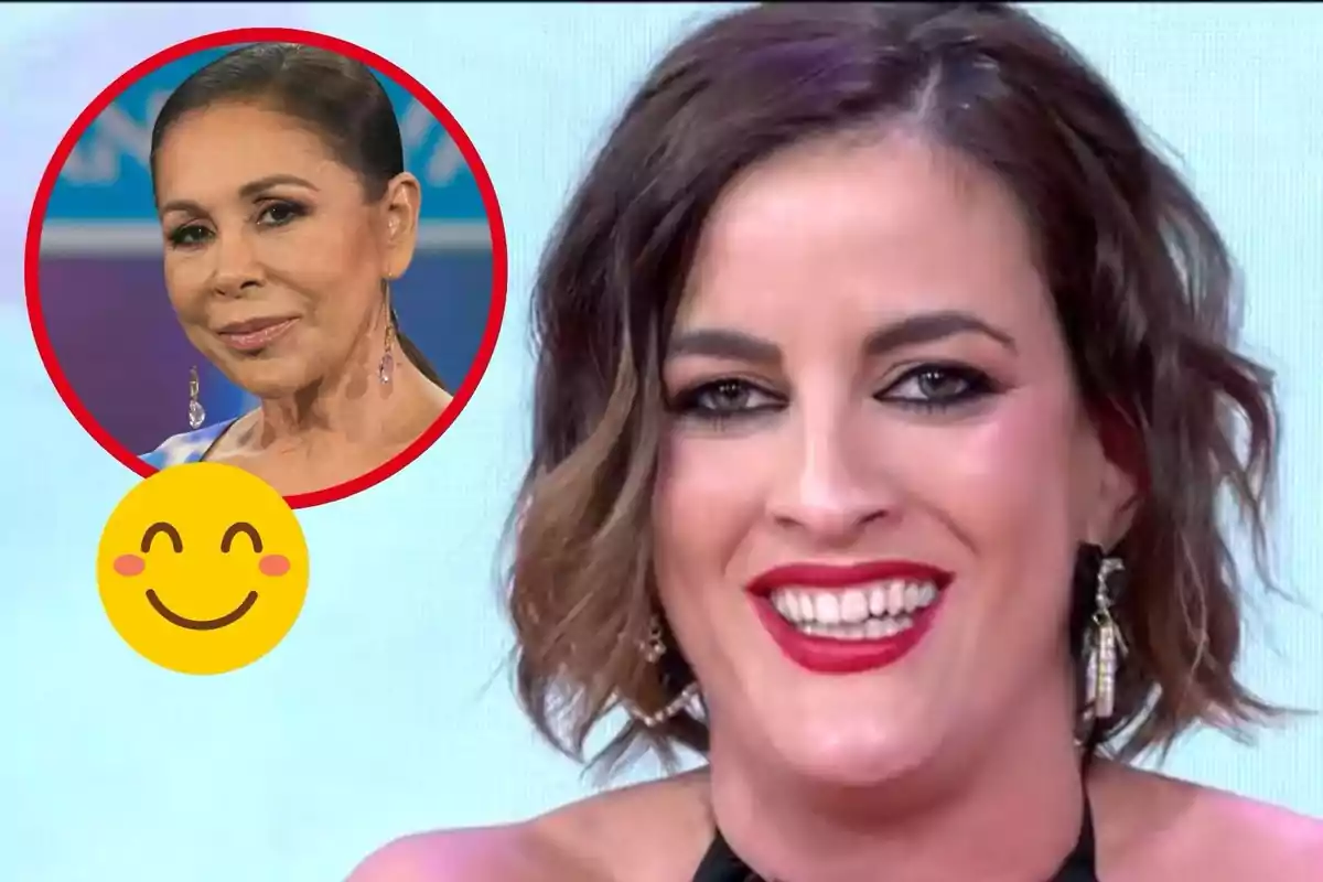 Leticia Requejo sonriente con maquillaje oscuro y labios rojos, con un recuadro en la esquina superior izquierda que muestra a Isabel Pantoja con cabello recogido y pendientes largos, junto a un emoji sonriente.