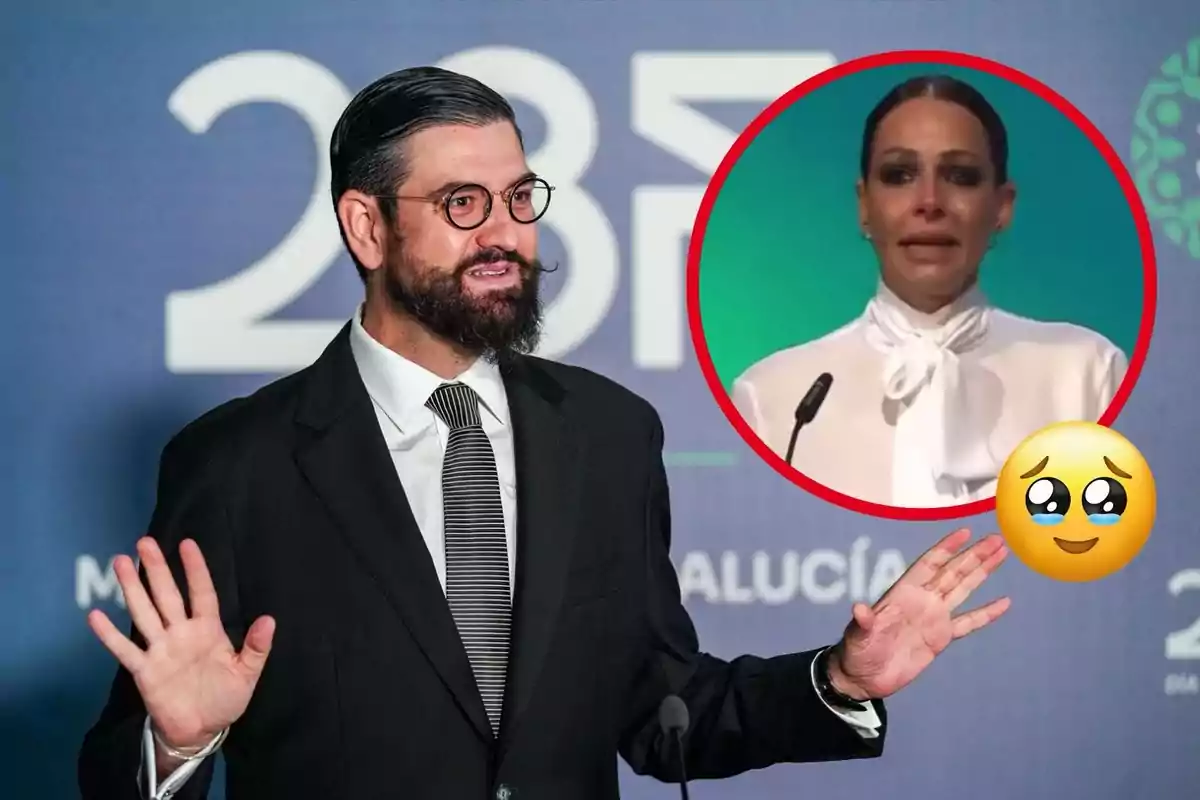 Manu Sánchez con barba y gafas está hablando en un evento, mientras que en un círculo rojo se muestra a Eva González llorando con un emoji de cara llorosa.