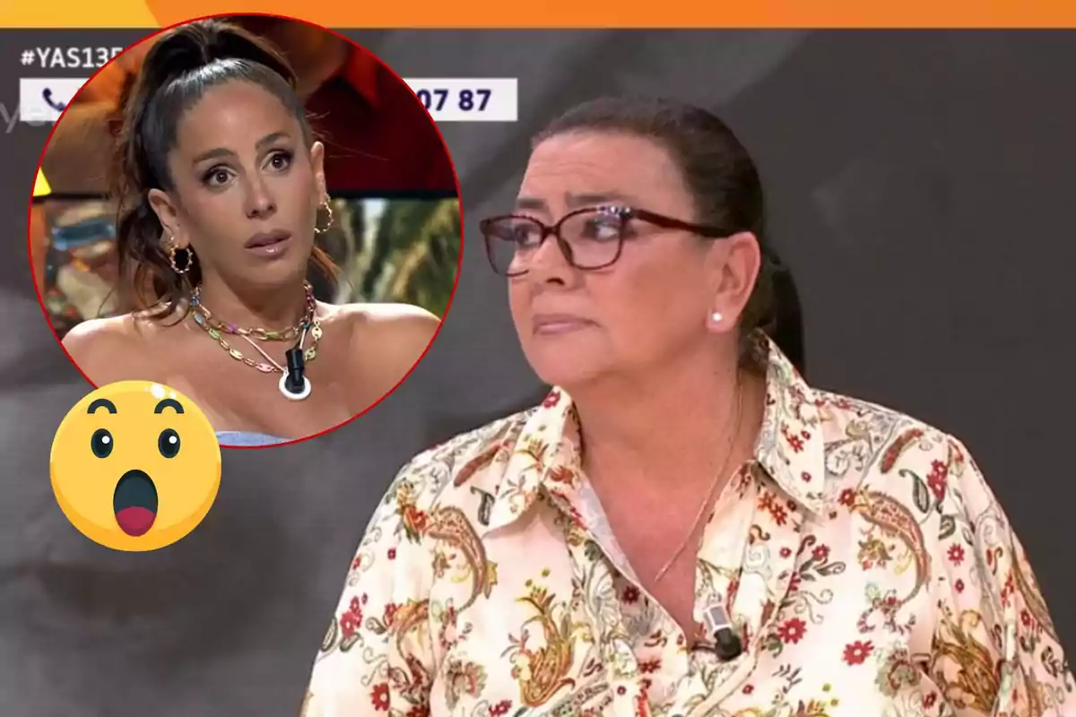 María del Monte con gafas y camisa estampada está en un programa de televisión, mientras que en un recuadro aparece Anabel Pantoja con expresión sorprendida y un emoji de asombro.