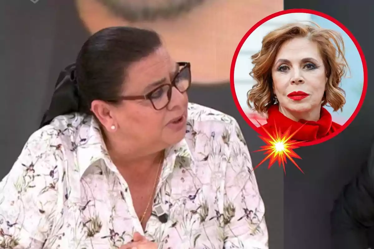 María del Monte con gafas y camisa estampada está hablando, mientras que en la esquina superior derecha hay un círculo rojo con la imagen de Ágatha Ruiz de la Prada de cabello castaño y labios rojos.