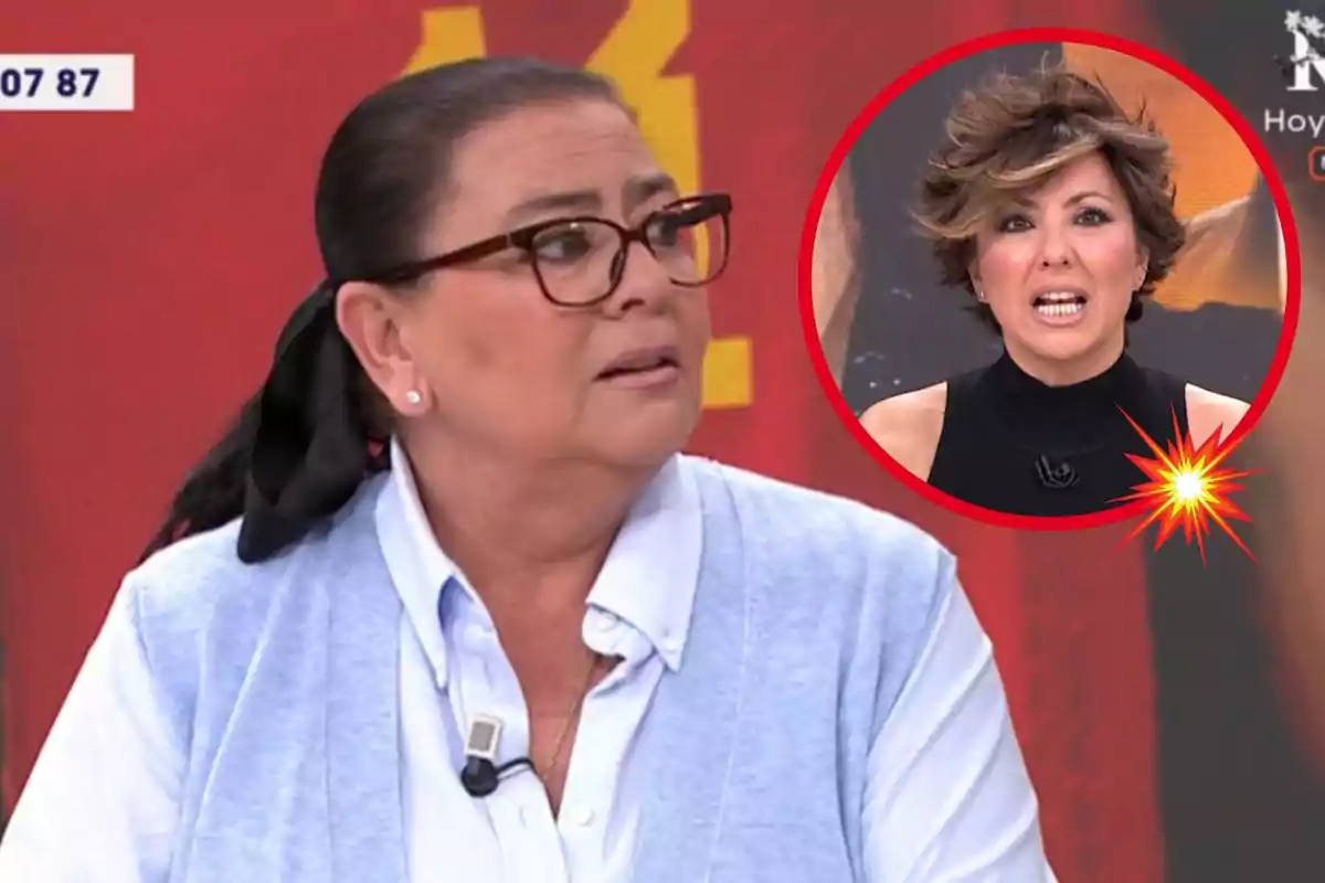 María del Monte con gafas y cabello recogido está en un programa de televisión, mientras que en un círculo rojo aparece Sonsoles Ónega con expresión intensa.