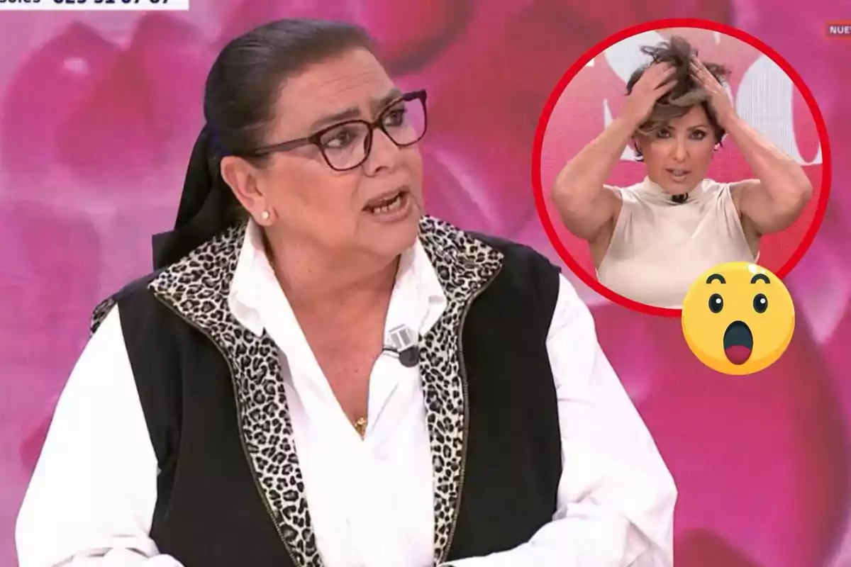 A woman with glasses and a leopard print vest speaks on a television show while another woman in a red circle touches her head with a surprised expression.