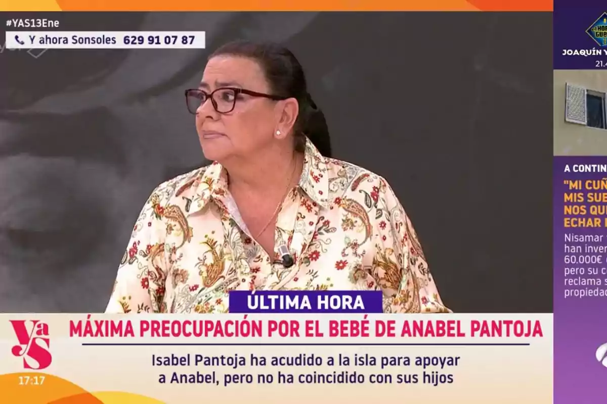 María del Monte con gafas y una blusa estampada aparece en 'Y ahora Sonsoles' que informa sobre la preocupación por el bebé de Anabel Pantoja.