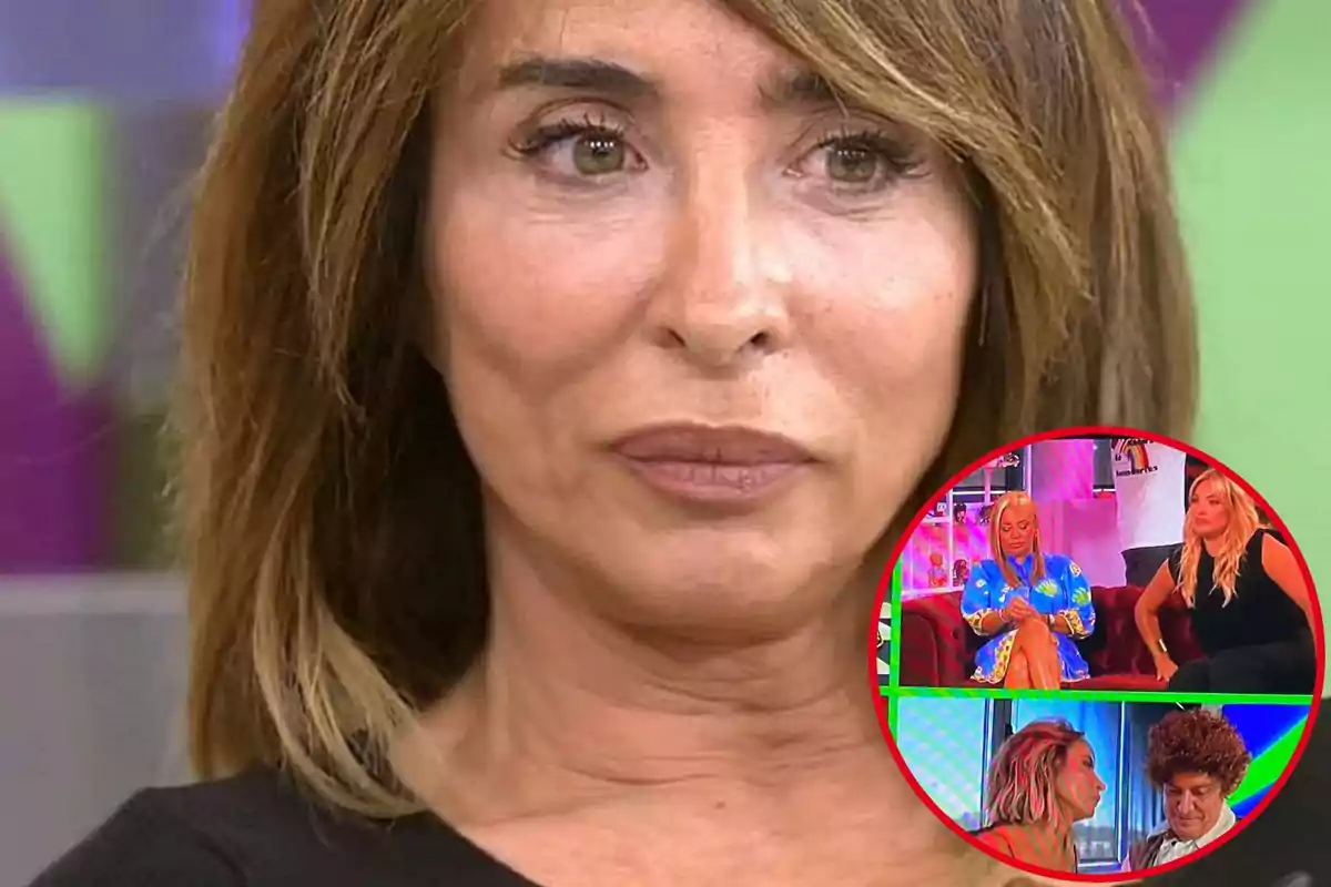 Primer pla d'una dona amb cabell castany i expressió seriosa, amb un requadre a la cantonada inferior dreta que mostra tres imatges més petites de persones en un programa de televisió.