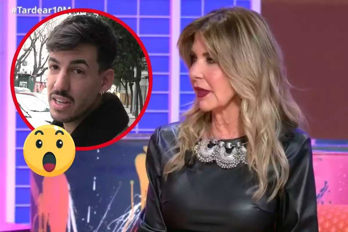 Marisa Martín-Blázquez con cabello rubio y vestido negro está sentada en un set de televisión, mientras que en un círculo rojo se muestra la imagen de un hombre con barba y expresión sorprendida.