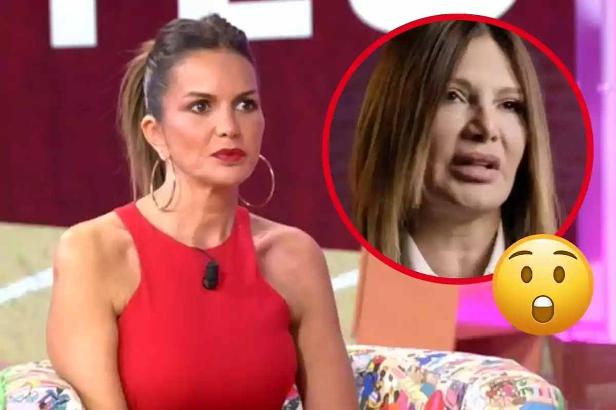 Marta López in a red dress with large earrings is sitting on a television set, while Ivonne Reyes with a serious expression and a surprised emoji appears in a red circle.