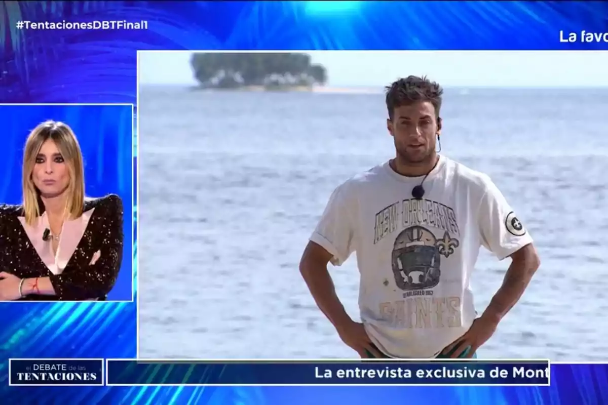 En la imagen se observa a Sandra Barneda en un estudio de televisión y a Montoya en la playa, ambos participando en un programa llamado En la imagen se observa a Sandra Barneda en un estudio de televisión y a Montoya en la playa, ambos participando en un programa llamado