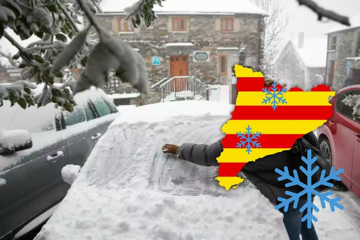 Una persona limpia nieve de un coche en un entorno nevado con un mapa superpuesto de Cataluña y copos de nieve.