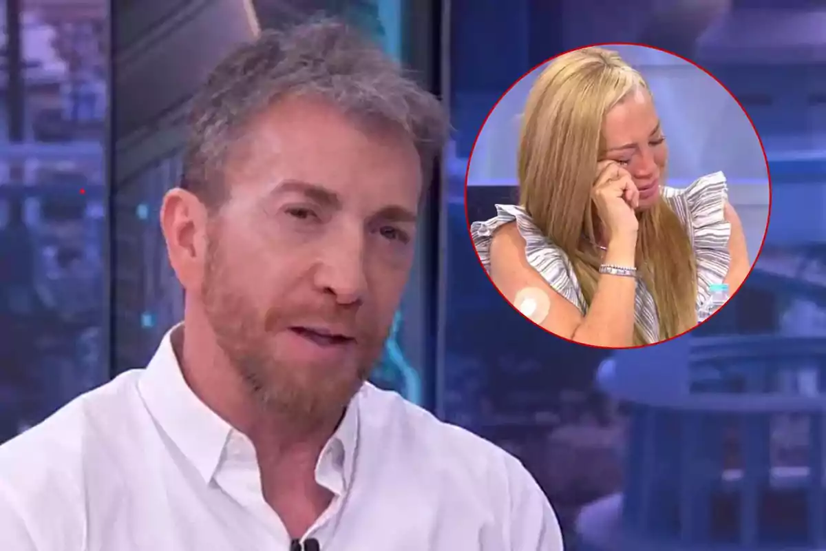 Un home amb barba i camisa blanca parla en un programa de televisió mentre una dona rossa apareix en un requadre plorant.