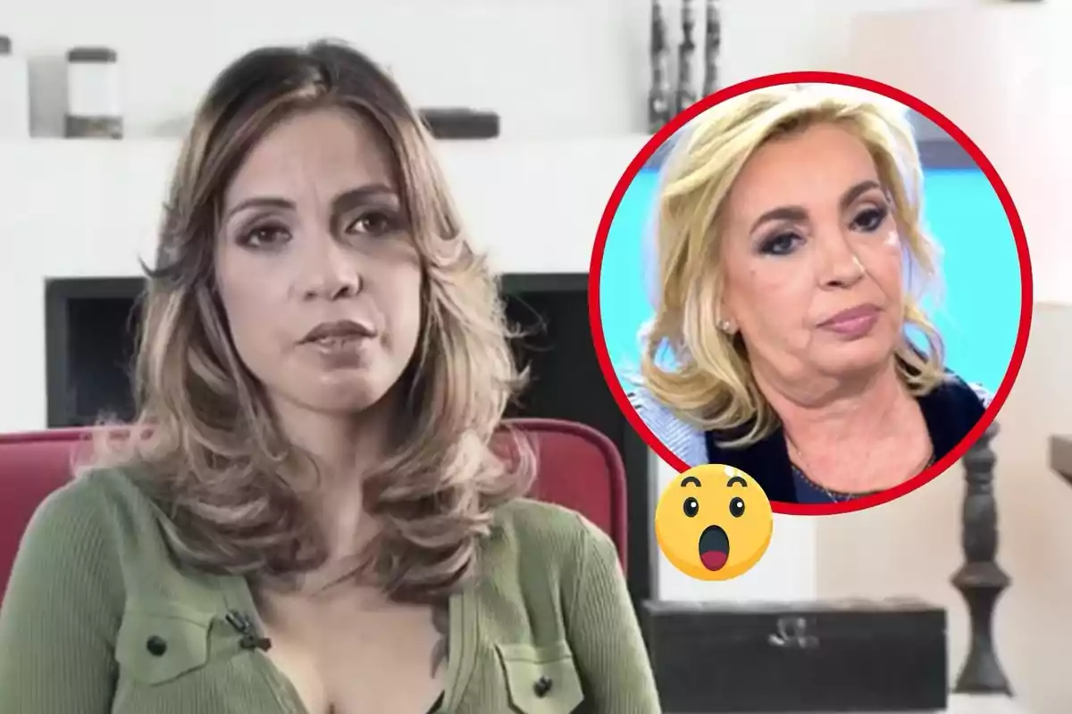 Paola Olmedo de cabello castaño claro está sentada en un sillón rojo, mientras que en la esquina superior derecha hay un círculo rojo con la imagen de Carmen Borrego rubia y un emoji sorprendido.