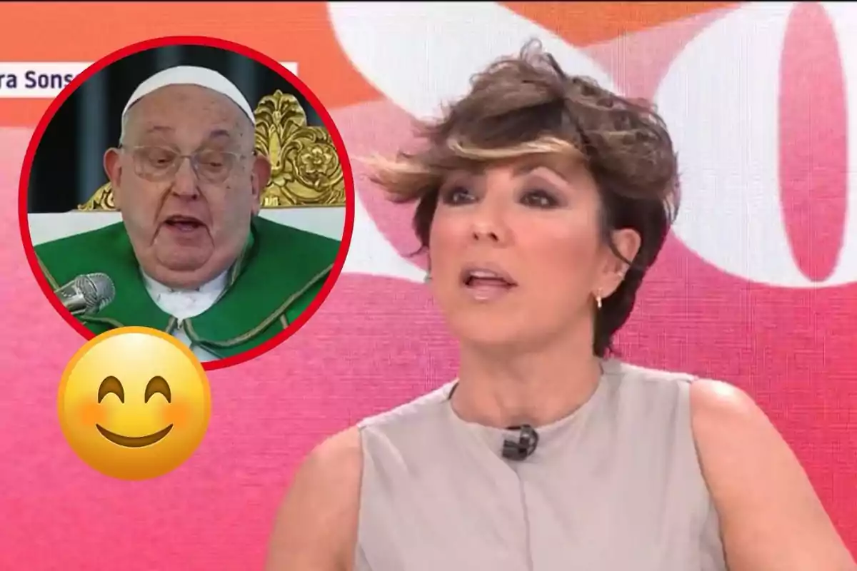 Sonsoles Ónega hablando en un programa de televisión con una imagen circular de el Papa Francisco mayor con vestimenta religiosa y un emoji sonriente superpuesto.