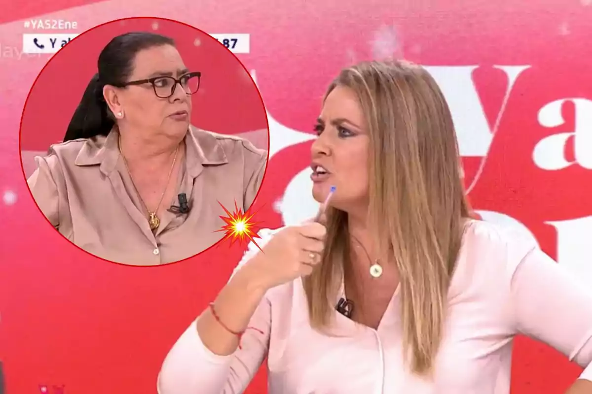 María del Monte y Pepa Romero discuten en un programa de televisión con un fondo rojo y blanco.