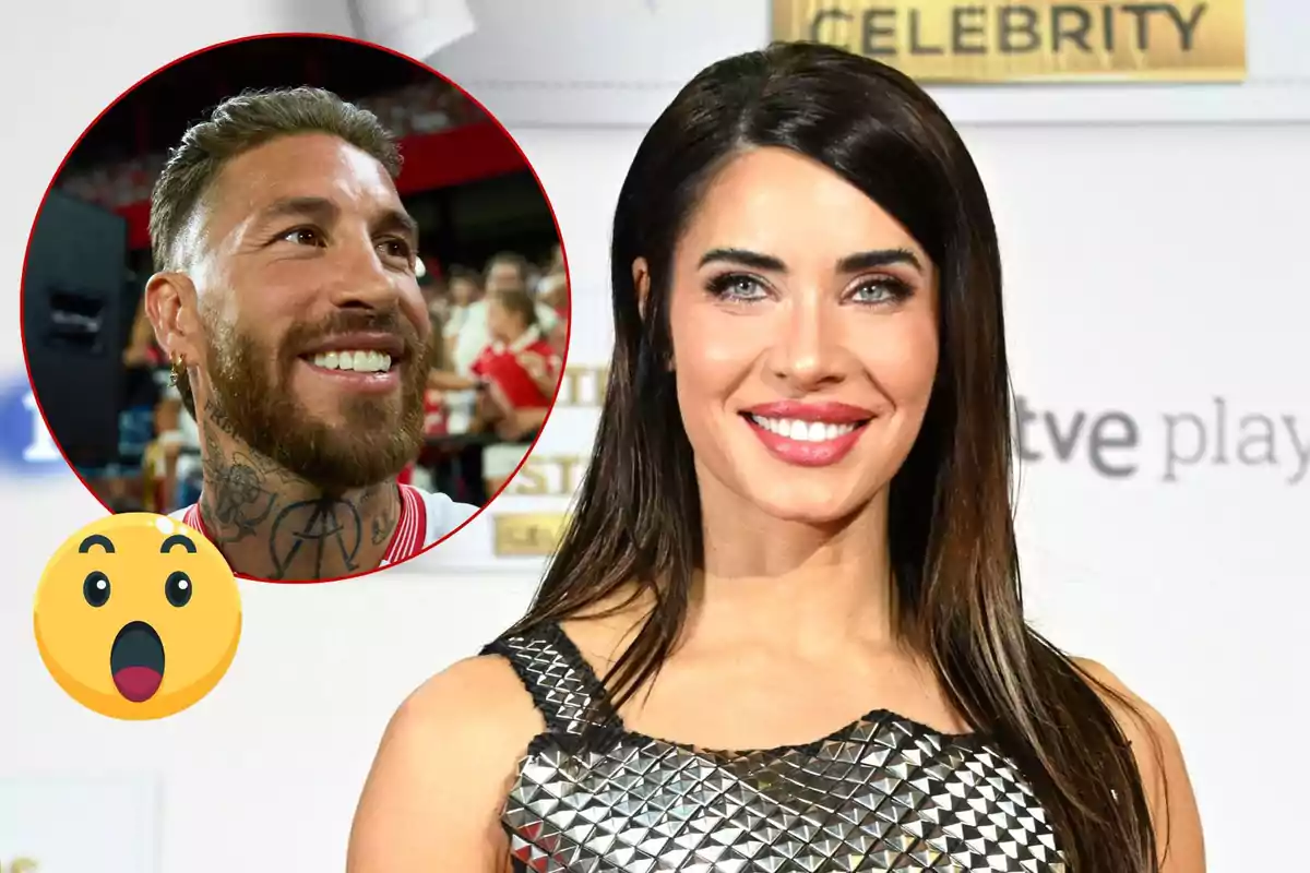 Pilar Rubio sonriente con un vestido brillante y Sergio Ramos con barba y tatuajes en un recuadro circular, junto a un emoji sorprendido.