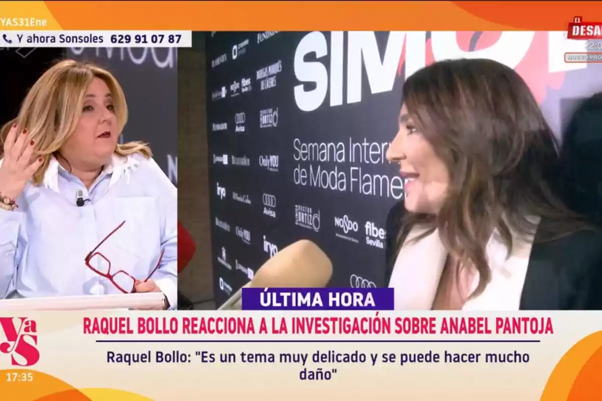 Two women are talking on a television show, one of them is holding red glasses and the other is in front of a background with logos of the International Flamenco Fashion Week, at the bottom there is a headline about Raquel Bollo and her reaction to an investigation.