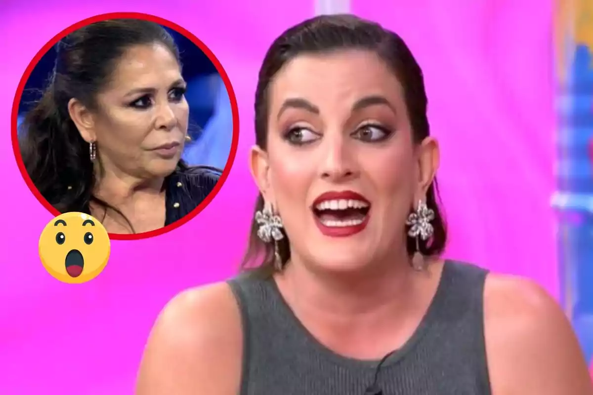 A woman with a surprised expression on a television show, with a box showing another woman looking serious, against a pink background.