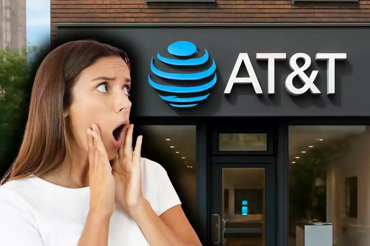 Montaje de fotos de una mujer sorprendida frente a una tienda de AT&T.