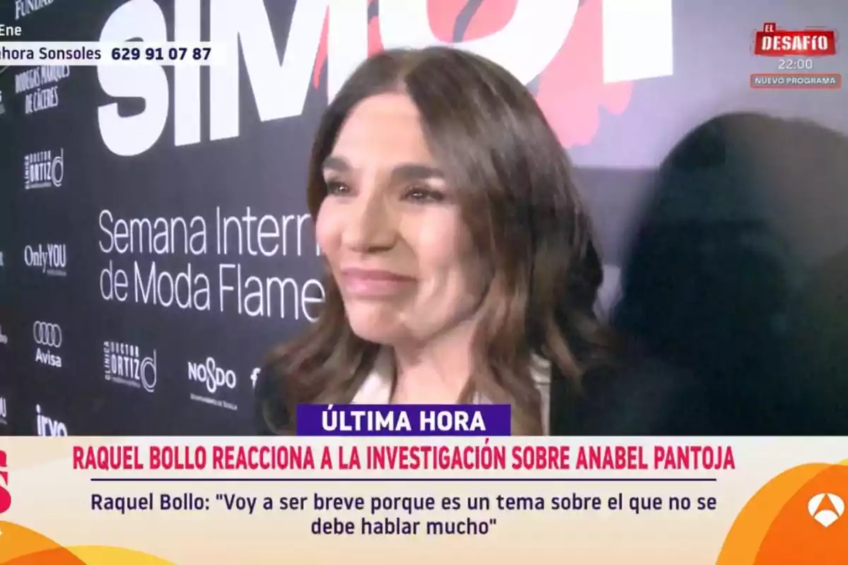 A woman smiles in front of a background promoting the International Flamenco Fashion Week, while text at the bottom mentions her reaction to an investigation.