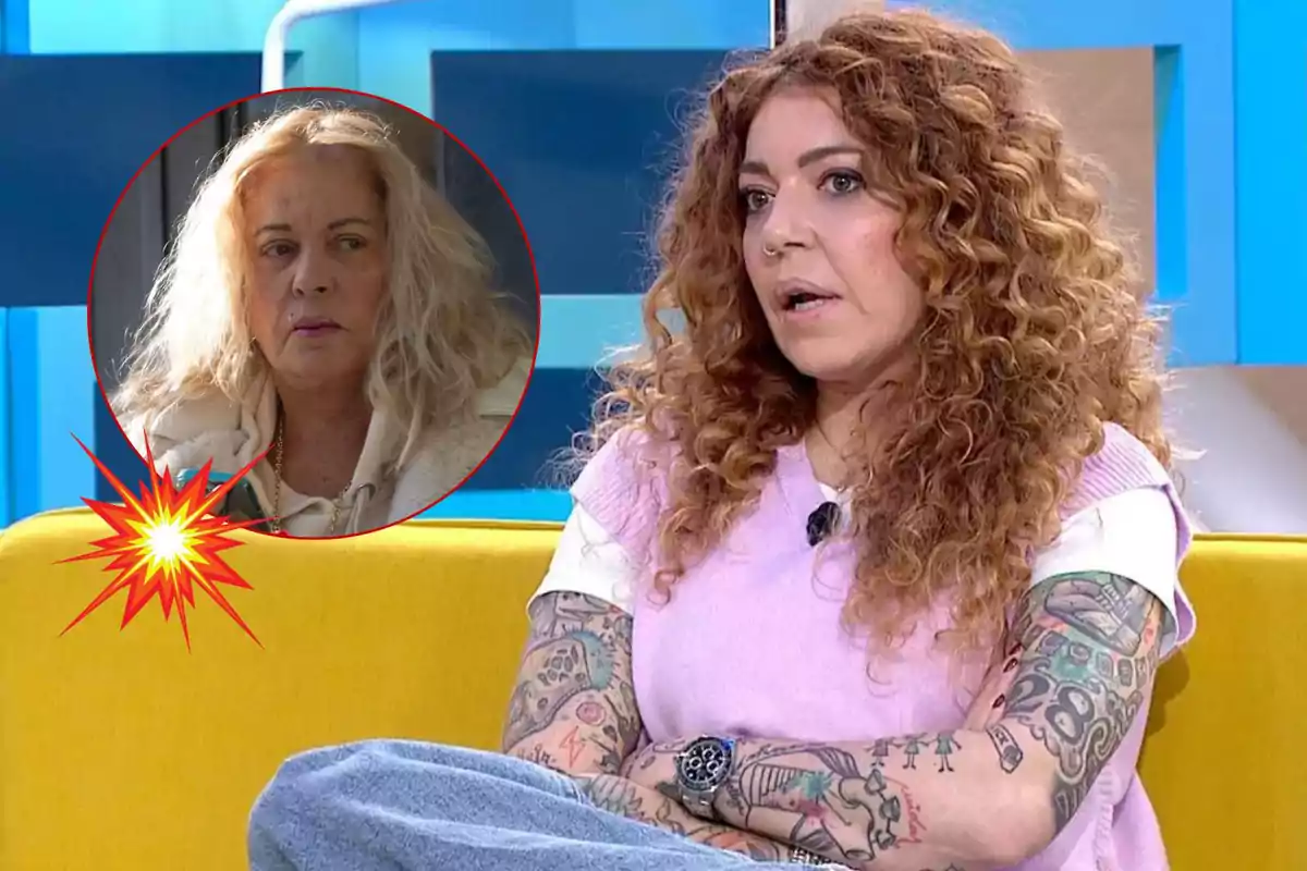 Una dona amb cabell arrissat i tatuatges als braços està asseguda en un sofà groc, mentre que en un cercle vermell apareix una altra dona amb cabell ros i expressió seriosa.